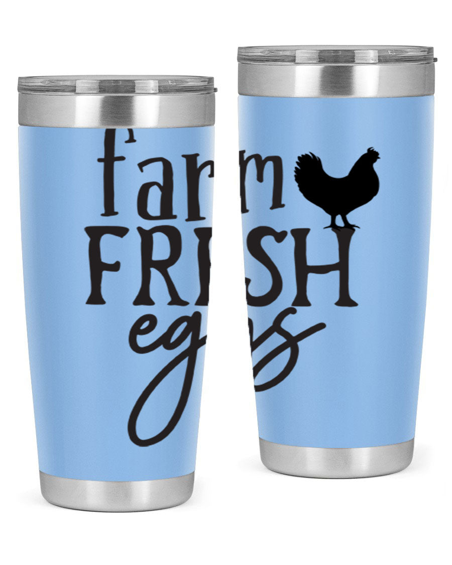 Farm Fresh Eggs 102# Tumbler in stainless steel with a drink-thru lid, showcasing its sleek design and double wall vacuum insulation.