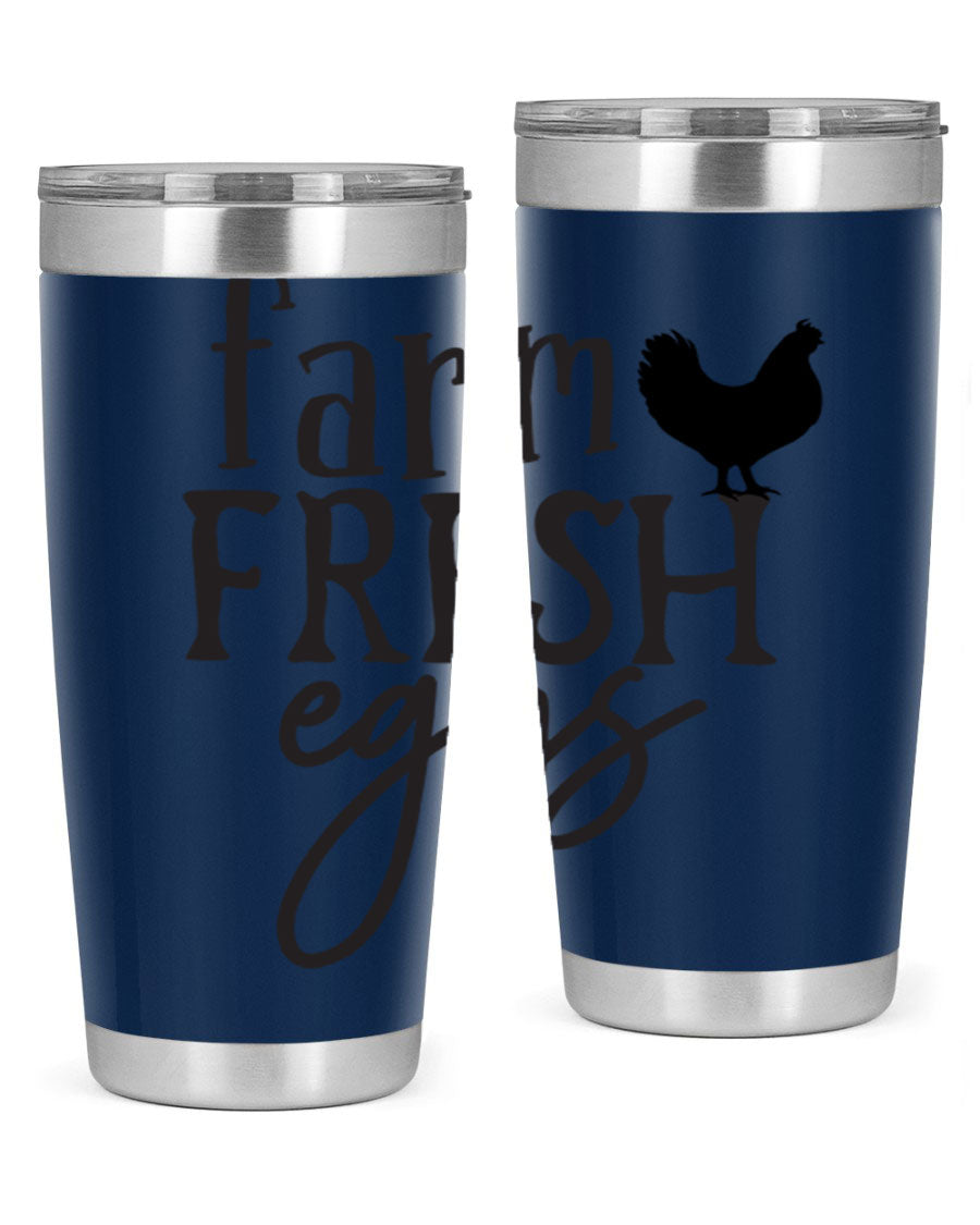 Farm Fresh Eggs 102# Tumbler in stainless steel with a drink-thru lid, showcasing its sleek design and double wall vacuum insulation.