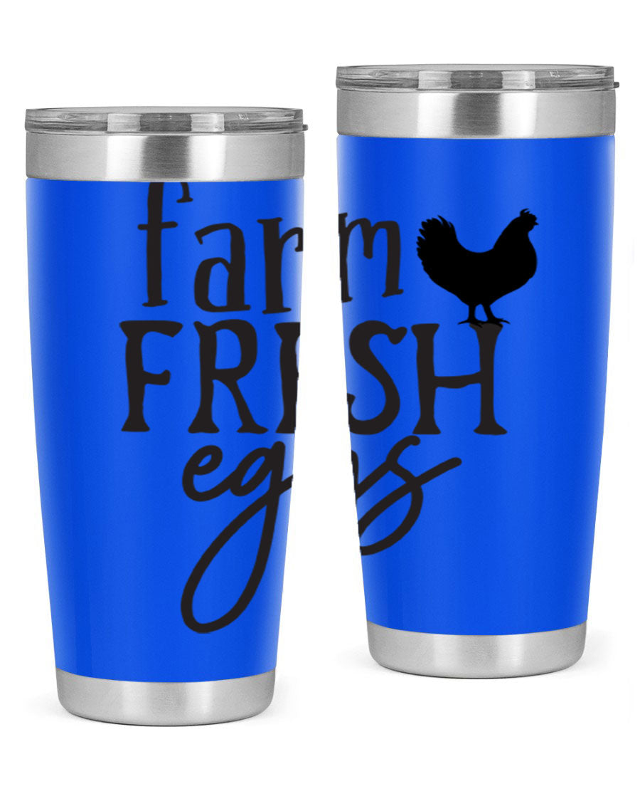 Farm Fresh Eggs 102# Tumbler in stainless steel with a drink-thru lid, showcasing its sleek design and double wall vacuum insulation.
