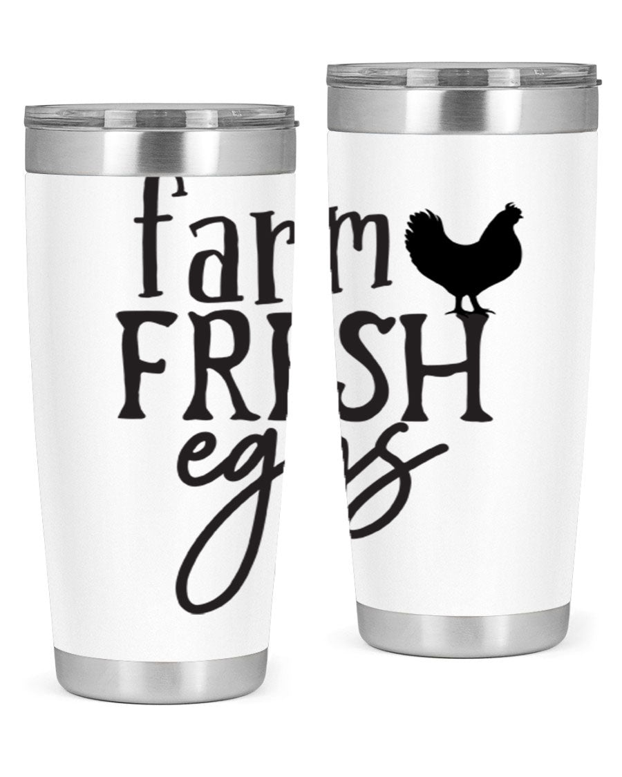 Farm Fresh Eggs 102# Tumbler in stainless steel with a drink-thru lid, showcasing its sleek design and double wall vacuum insulation.