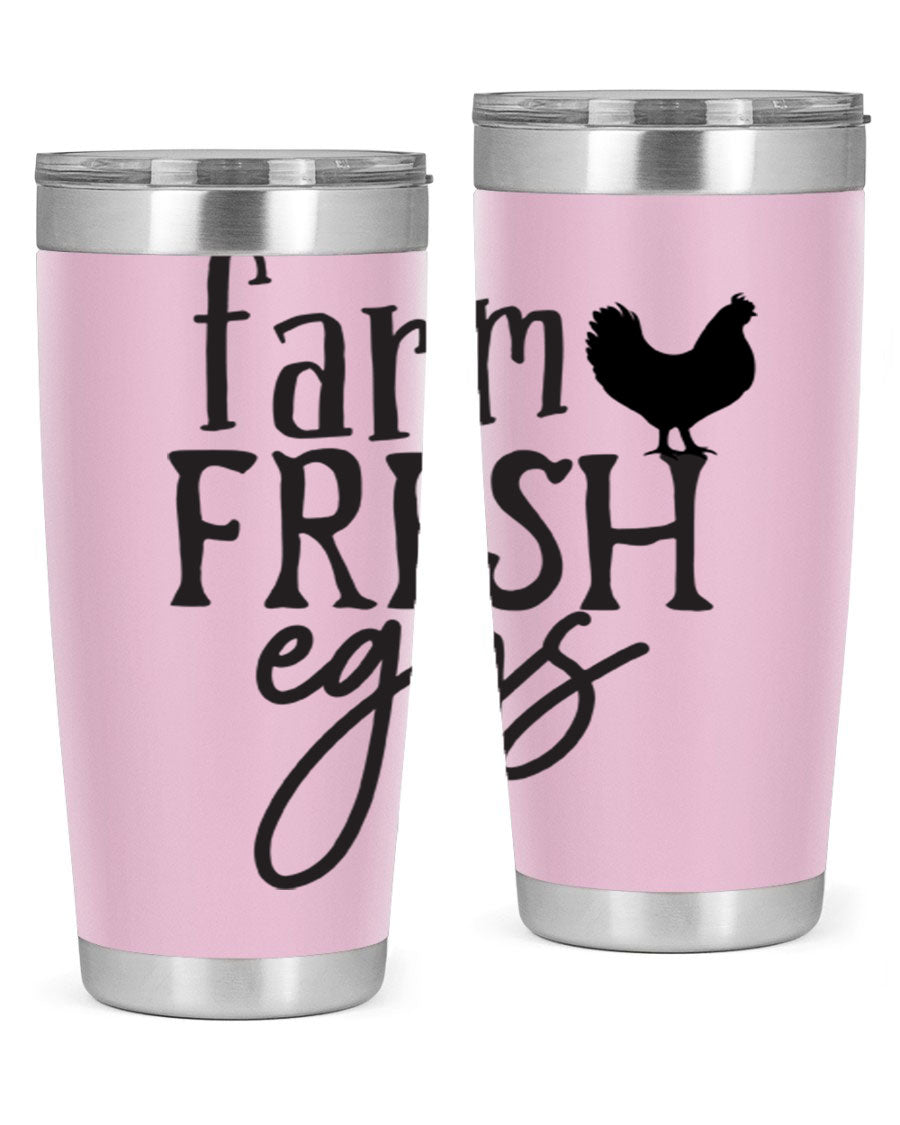 Farm Fresh Eggs 102# Tumbler in stainless steel with a drink-thru lid, showcasing its sleek design and double wall vacuum insulation.