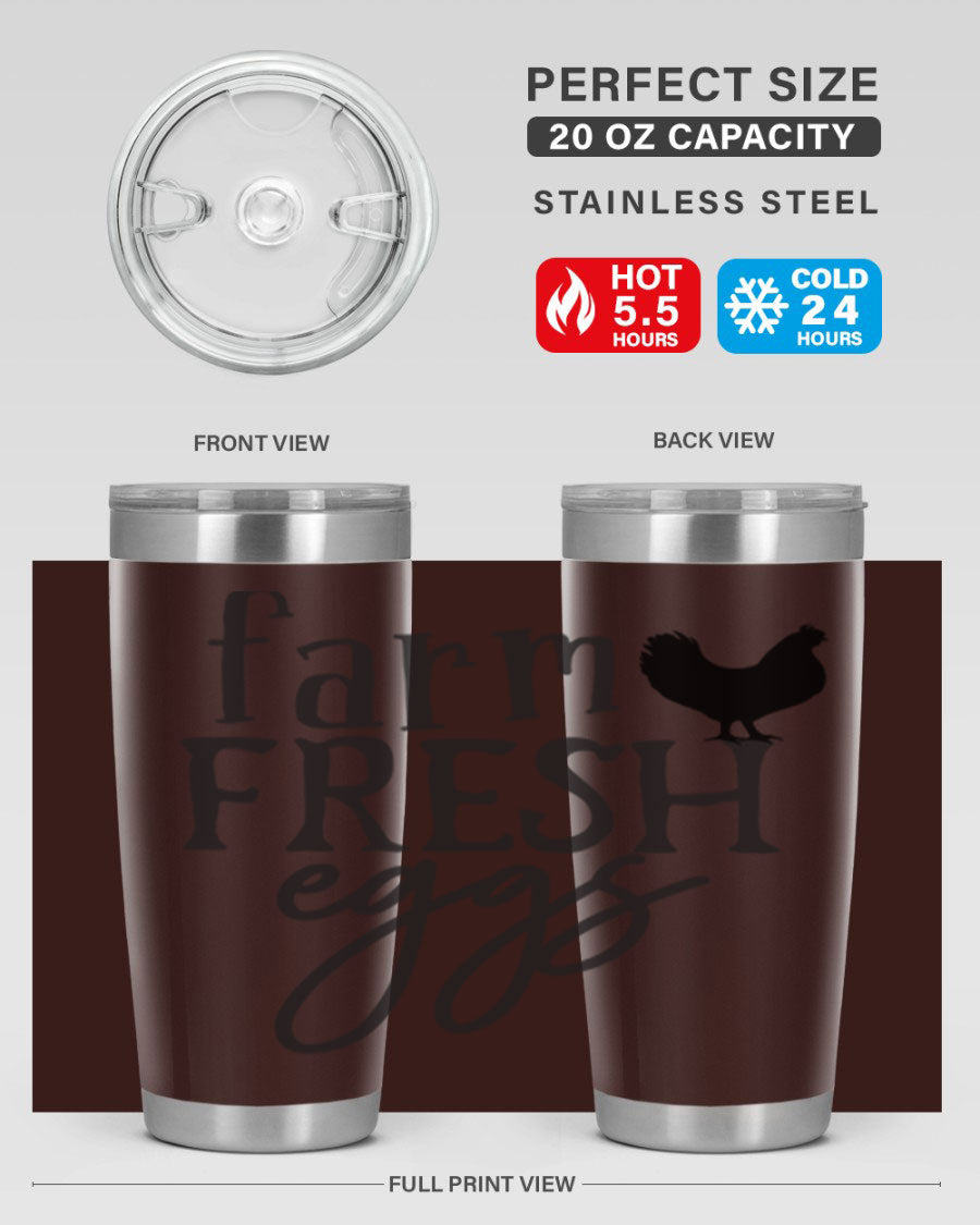 Farm Fresh Eggs 102# Tumbler in stainless steel with a drink-thru lid, showcasing its sleek design and double wall vacuum insulation.