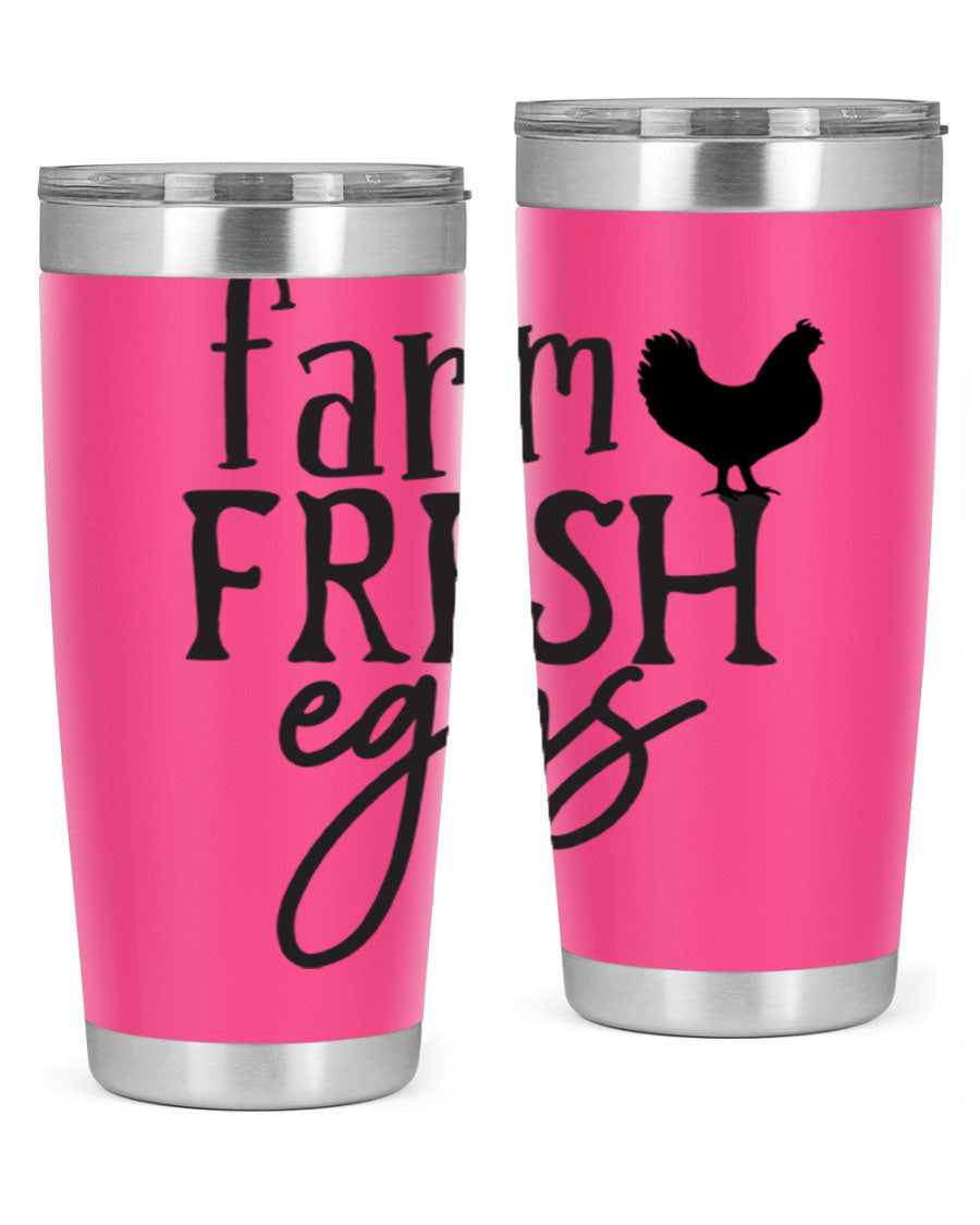 Farm Fresh Eggs 102# Tumbler in stainless steel with a drink-thru lid, showcasing its sleek design and double wall vacuum insulation.