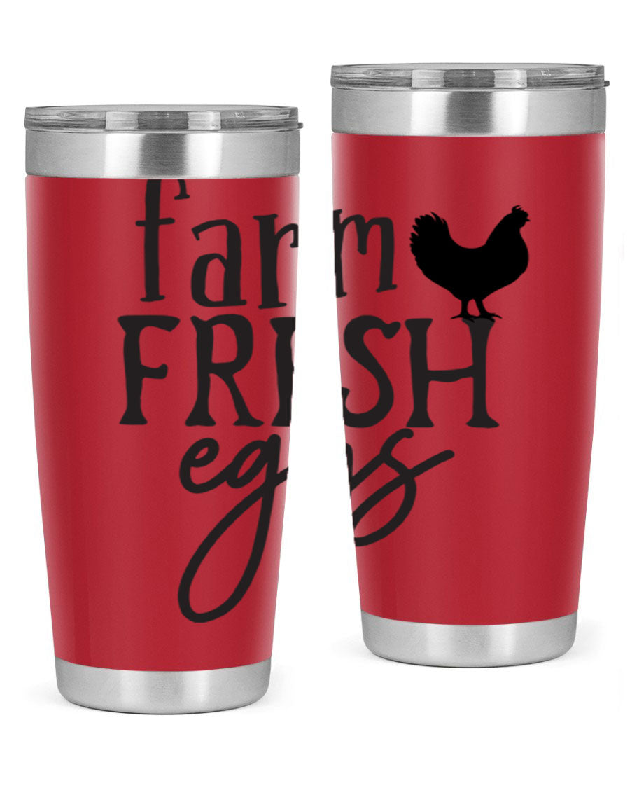 Farm Fresh Eggs 102# Tumbler in stainless steel with a drink-thru lid, showcasing its sleek design and double wall vacuum insulation.