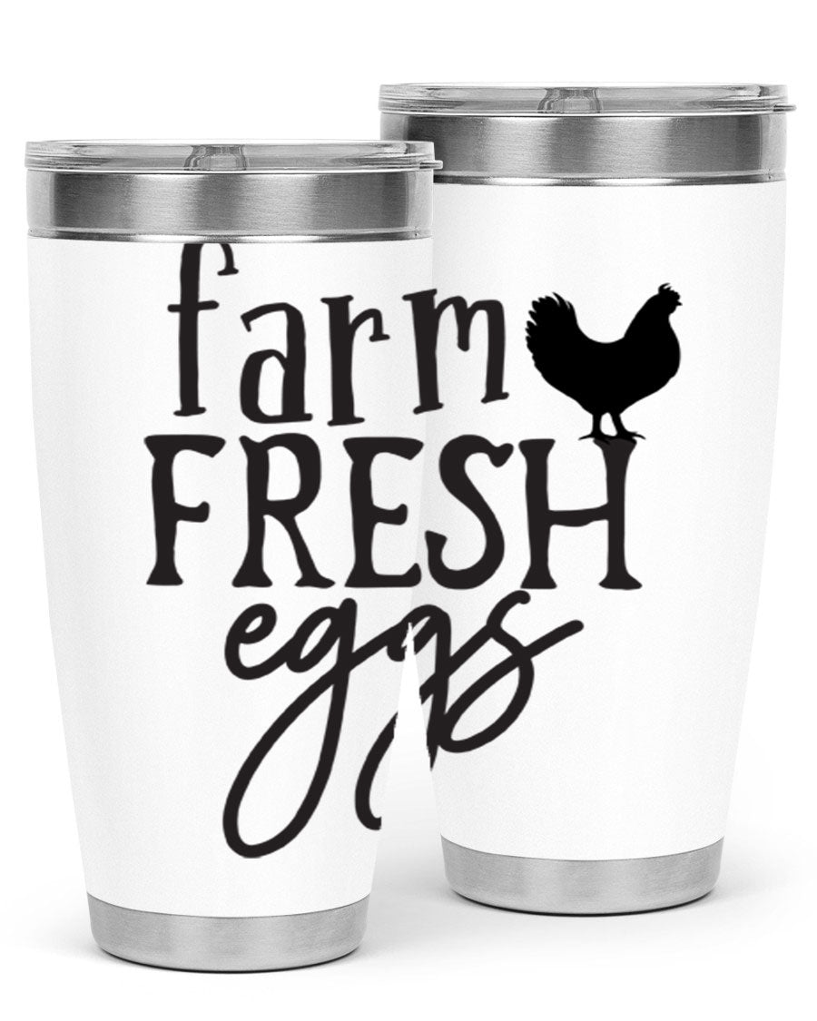 Farm Fresh Eggs 102# Tumbler in stainless steel with a drink-thru lid, showcasing its sleek design and double wall vacuum insulation.