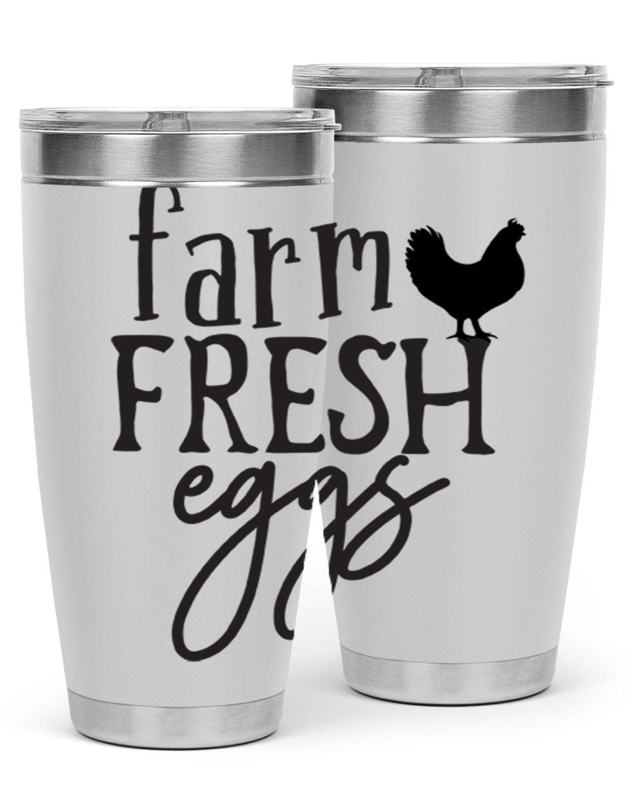 Farm Fresh Eggs 102# Tumbler in stainless steel with a drink-thru lid, showcasing its sleek design and double wall vacuum insulation.