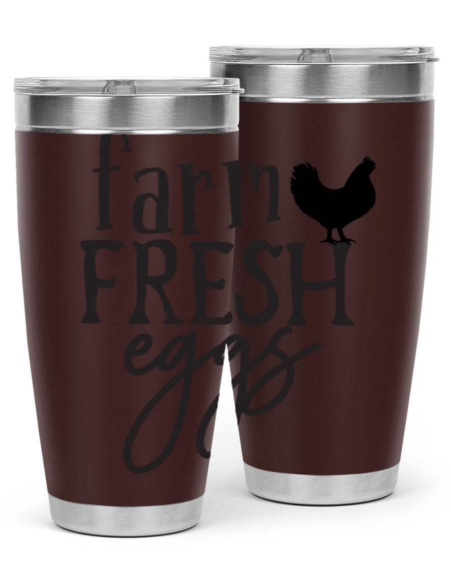 Farm Fresh Eggs 102# Tumbler in stainless steel with a drink-thru lid, showcasing its sleek design and double wall vacuum insulation.