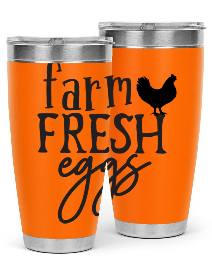 Farm Fresh Eggs 102# Tumbler in stainless steel with a drink-thru lid, showcasing its sleek design and double wall vacuum insulation.