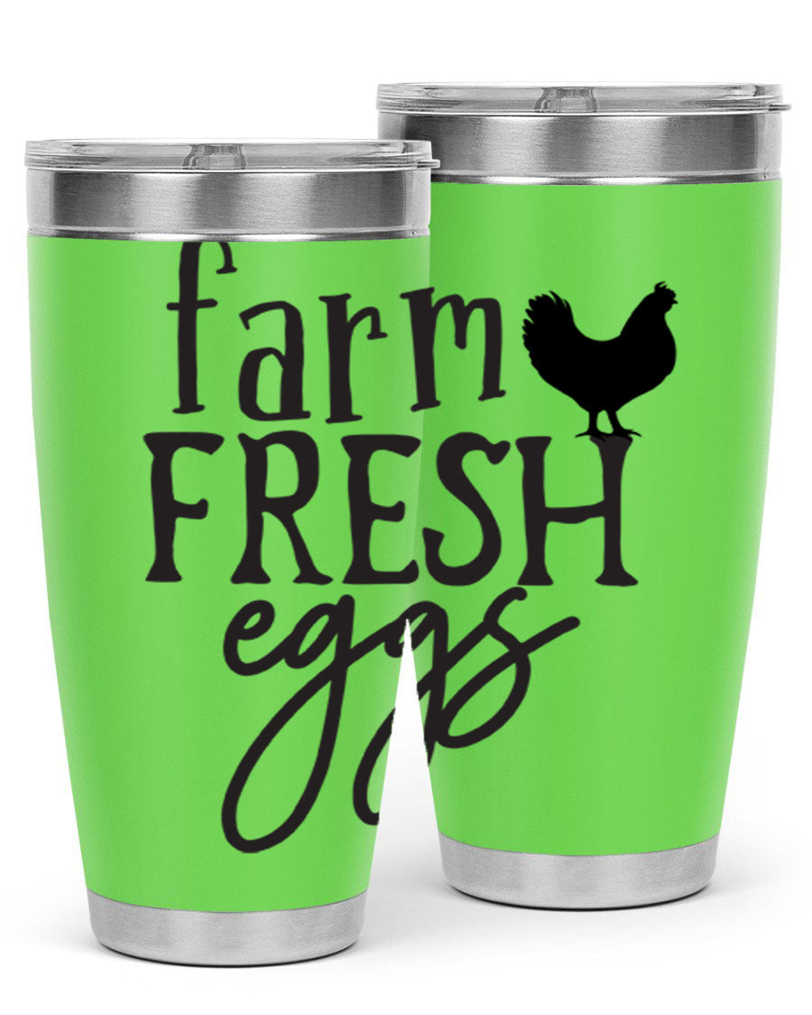 Farm Fresh Eggs 102# Tumbler in stainless steel with a drink-thru lid, showcasing its sleek design and double wall vacuum insulation.