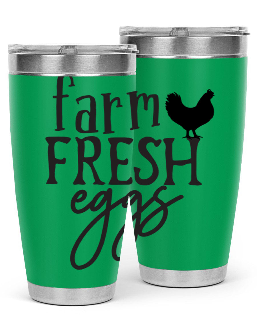 Farm Fresh Eggs 102# Tumbler in stainless steel with a drink-thru lid, showcasing its sleek design and double wall vacuum insulation.