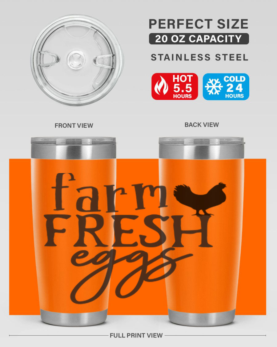 Farm Fresh Eggs 102# Tumbler in stainless steel with a drink-thru lid, showcasing its sleek design and double wall vacuum insulation.