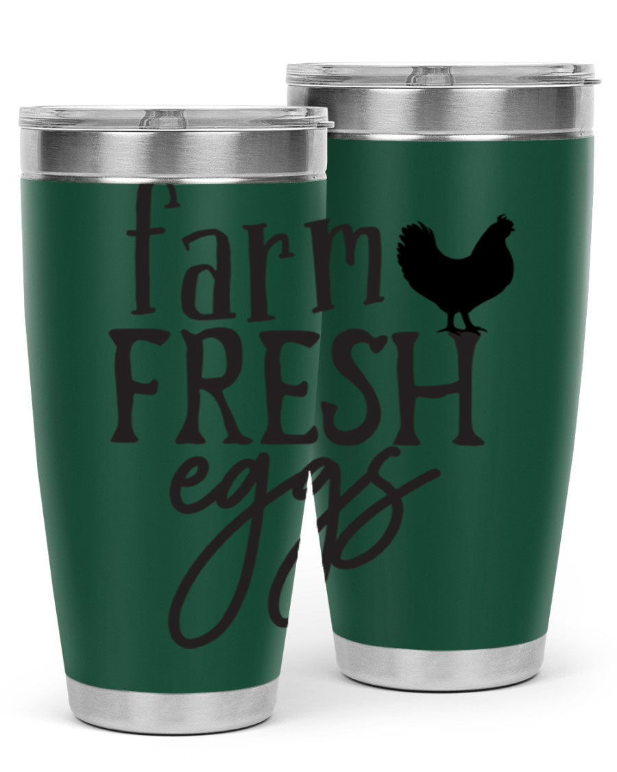 Farm Fresh Eggs 102# Tumbler in stainless steel with a drink-thru lid, showcasing its sleek design and double wall vacuum insulation.