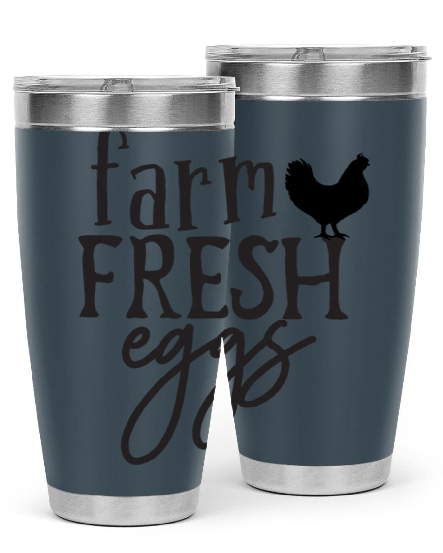 Farm Fresh Eggs 102# Tumbler in stainless steel with a drink-thru lid, showcasing its sleek design and double wall vacuum insulation.