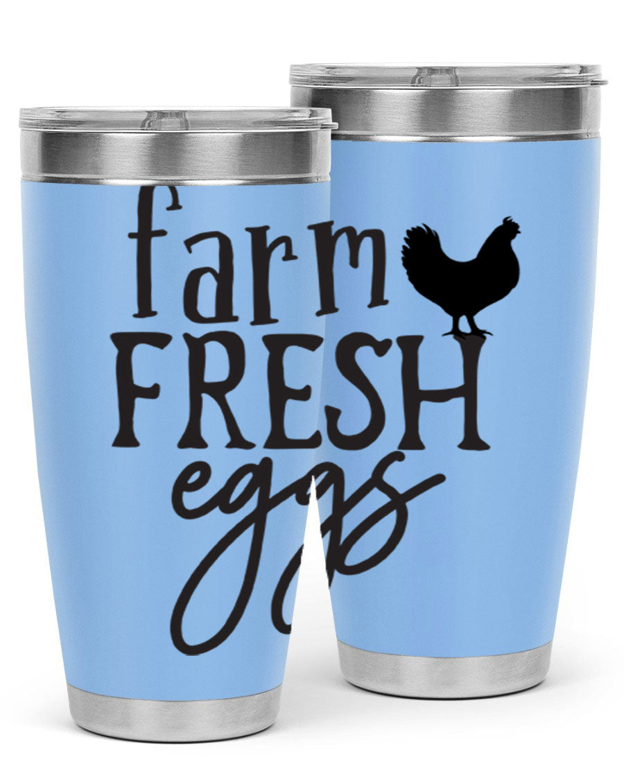 Farm Fresh Eggs 102# Tumbler in stainless steel with a drink-thru lid, showcasing its sleek design and double wall vacuum insulation.