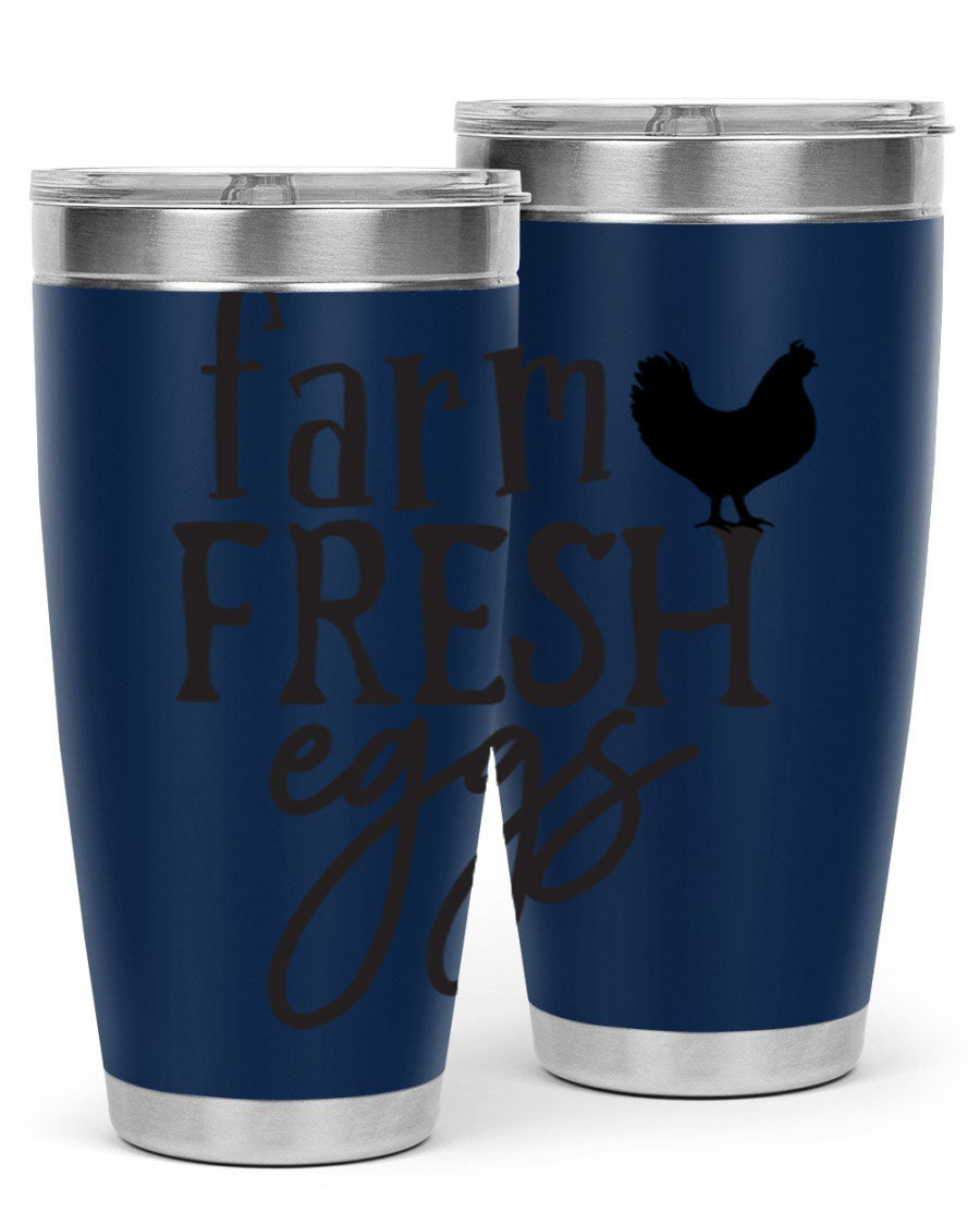Farm Fresh Eggs 102# Tumbler in stainless steel with a drink-thru lid, showcasing its sleek design and double wall vacuum insulation.
