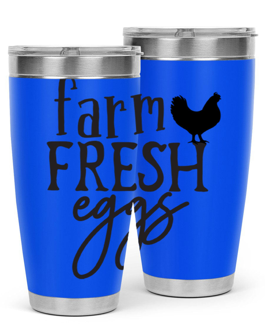 Farm Fresh Eggs 102# Tumbler in stainless steel with a drink-thru lid, showcasing its sleek design and double wall vacuum insulation.