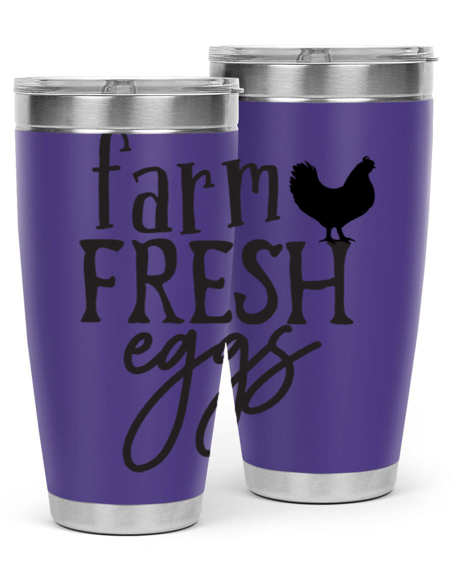 Farm Fresh Eggs 102# Tumbler in stainless steel with a drink-thru lid, showcasing its sleek design and double wall vacuum insulation.