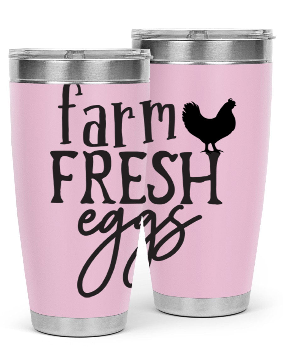 Farm Fresh Eggs 102# Tumbler in stainless steel with a drink-thru lid, showcasing its sleek design and double wall vacuum insulation.
