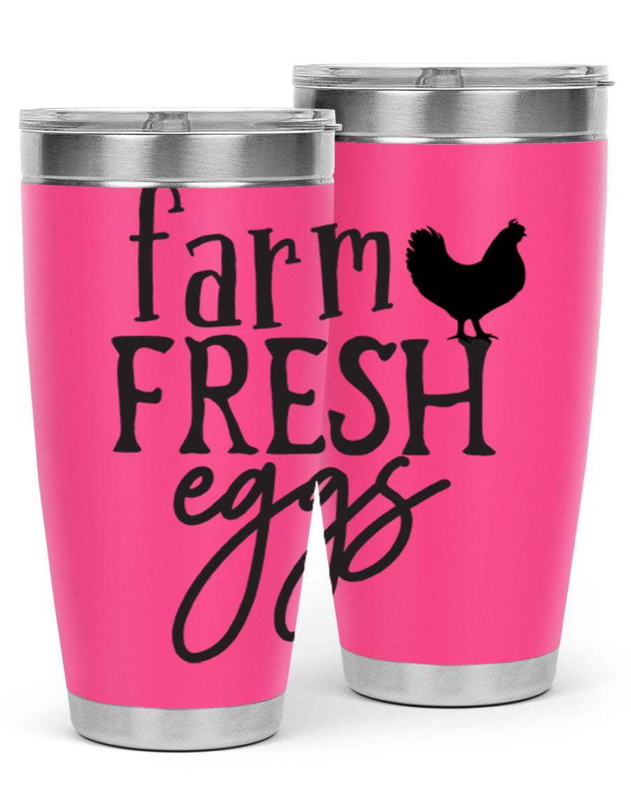 Farm Fresh Eggs 102# Tumbler in stainless steel with a drink-thru lid, showcasing its sleek design and double wall vacuum insulation.