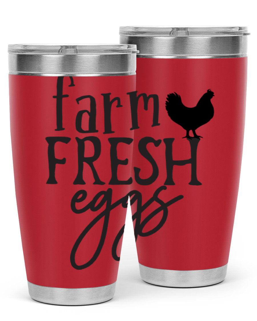 Farm Fresh Eggs 102# Tumbler in stainless steel with a drink-thru lid, showcasing its sleek design and double wall vacuum insulation.