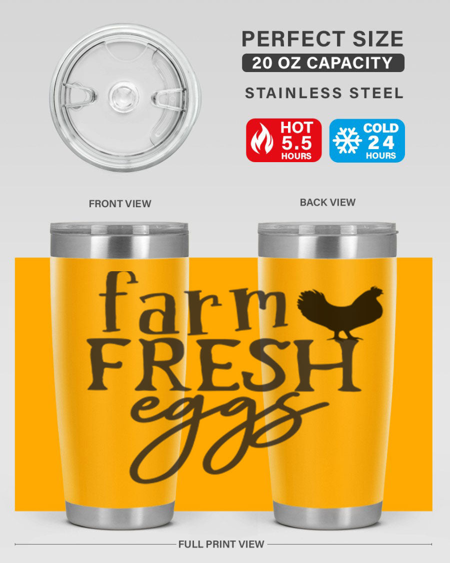 Farm Fresh Eggs 102# Tumbler in stainless steel with a drink-thru lid, showcasing its sleek design and double wall vacuum insulation.