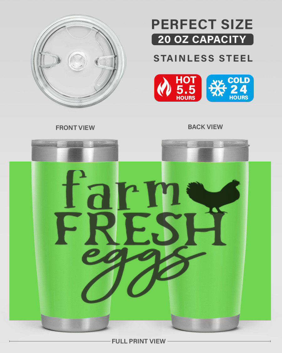 Farm Fresh Eggs 102# Tumbler in stainless steel with a drink-thru lid, showcasing its sleek design and double wall vacuum insulation.