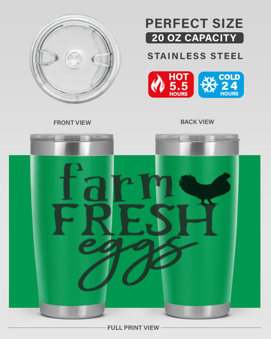 Farm Fresh Eggs 102# Tumbler in stainless steel with a drink-thru lid, showcasing its sleek design and double wall vacuum insulation.