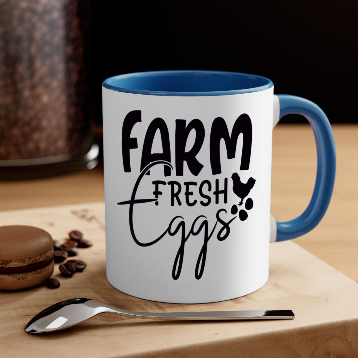 Farm Fresh Eggs 103# Mug with colorful handle and glossy finish, available in multiple sizes.