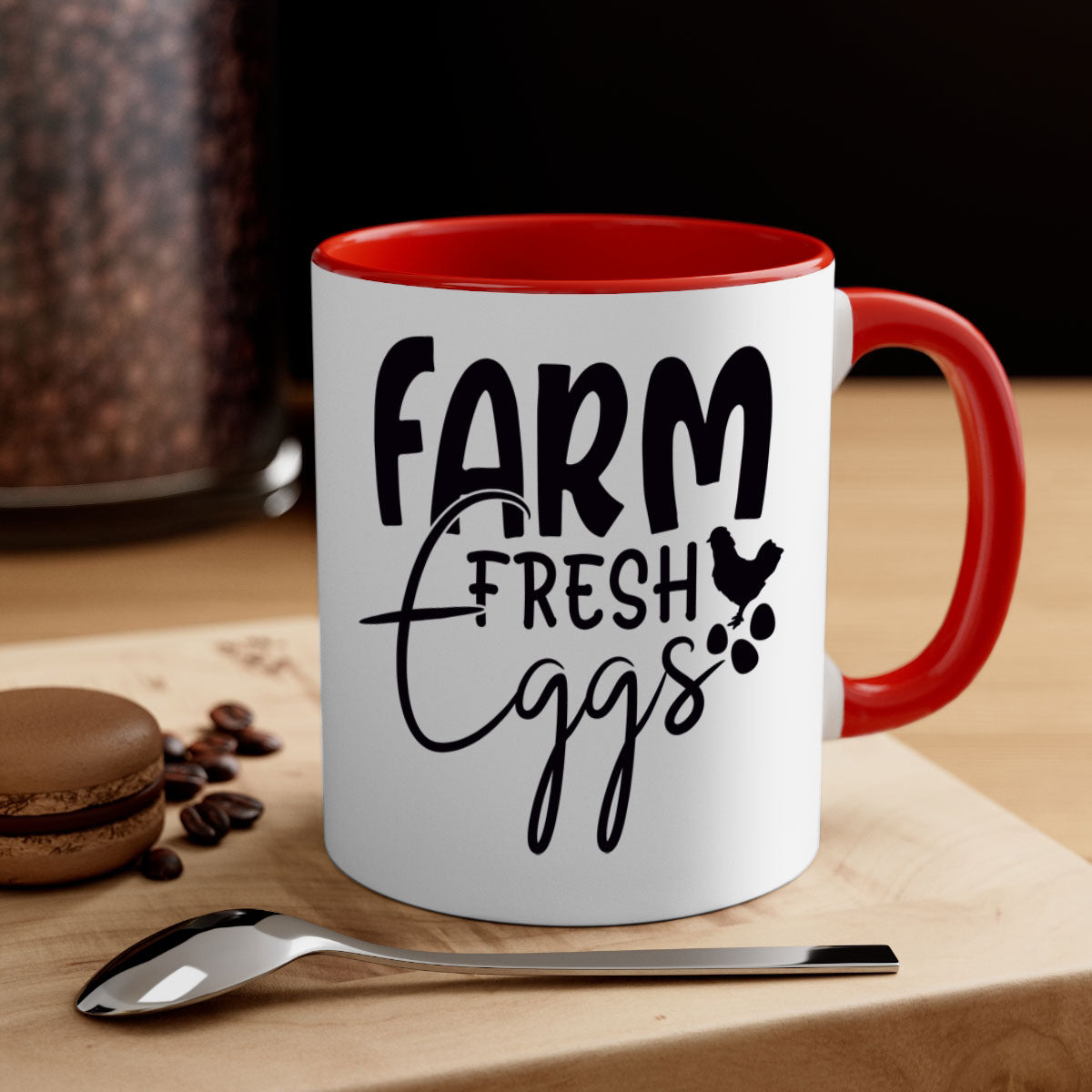 Farm Fresh Eggs 103# Mug with colorful handle and glossy finish, available in multiple sizes.