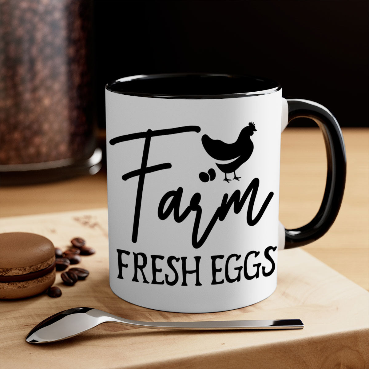 Farm fresh eggs design 104# kitchen mug with a glossy finish and colorful handle, perfect for coffee or tea.