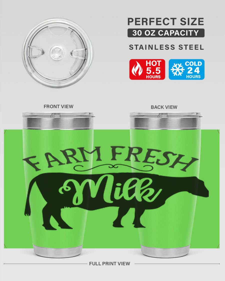 Farm Fresh Milk 101# Tumbler in stainless steel with a drink-thru lid, showcasing its sleek design and double wall insulation.