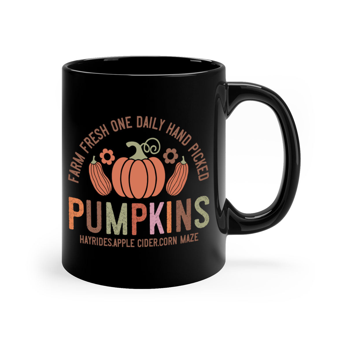Farm Fresh One Daily Hand Picked Pumpkins Mug with two-tone design and glossy finish, perfect for coffee and cider.