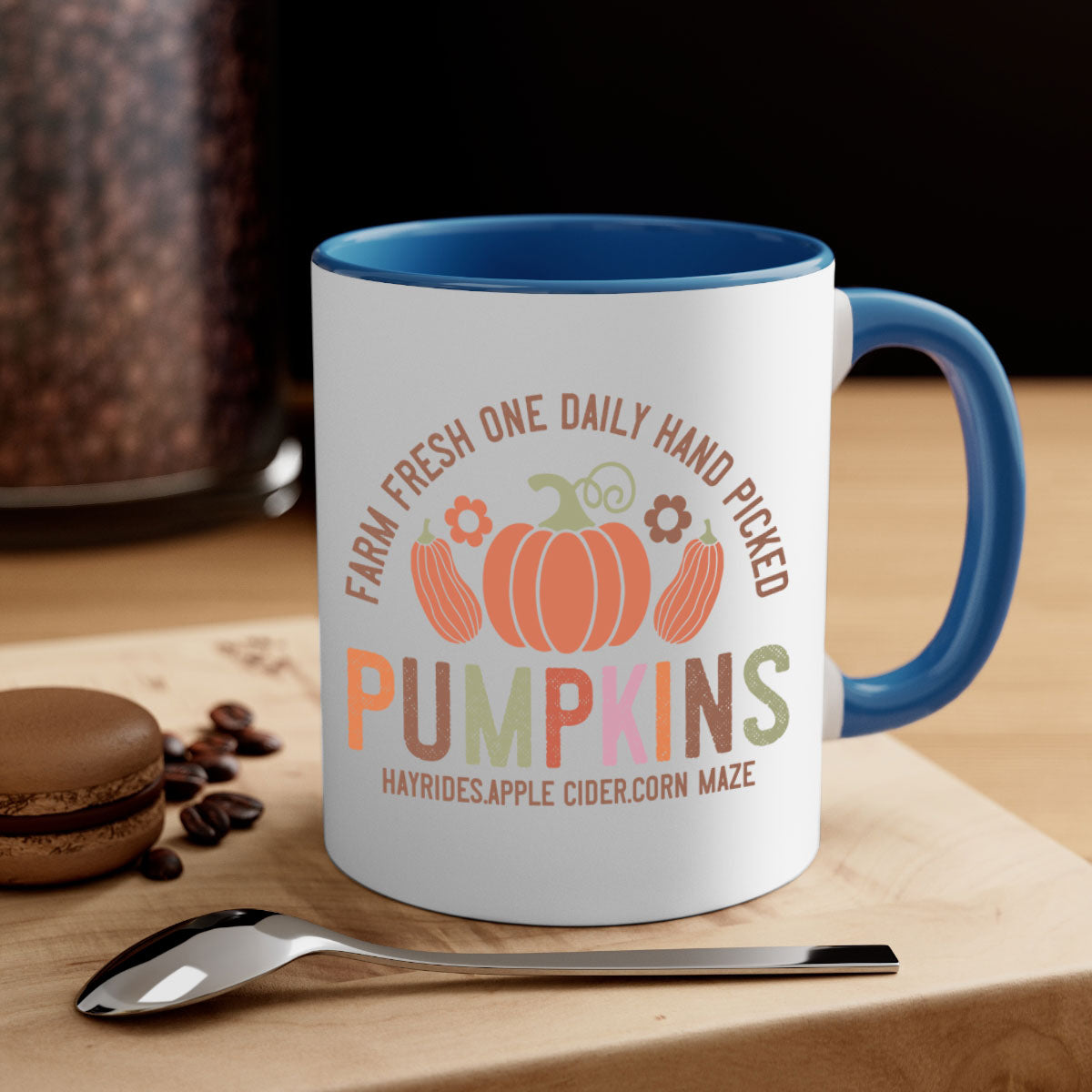 Farm Fresh One Daily Hand Picked Pumpkins Mug with two-tone design and glossy finish, perfect for coffee and cider.
