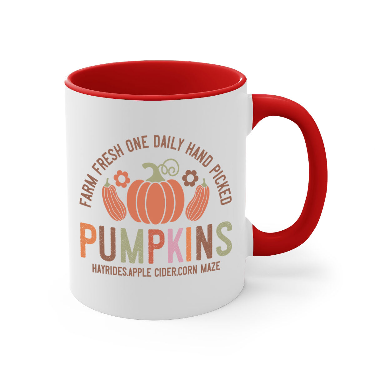 Farm Fresh One Daily Hand Picked Pumpkins Mug with two-tone design and glossy finish, perfect for coffee and cider.