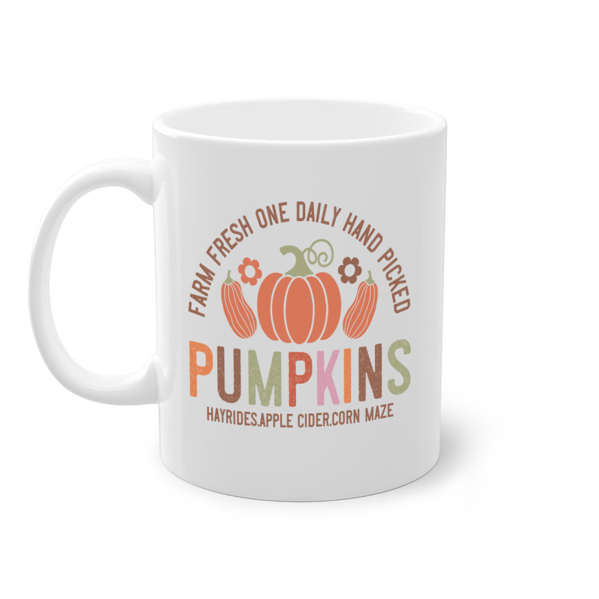 Farm Fresh One Daily Hand Picked Pumpkins Mug with two-tone design and glossy finish, perfect for coffee and cider.