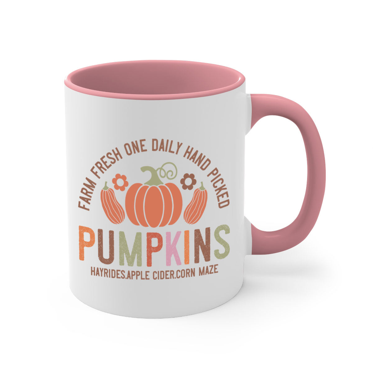 Farm Fresh One Daily Hand Picked Pumpkins Mug with two-tone design and glossy finish, perfect for coffee and cider.
