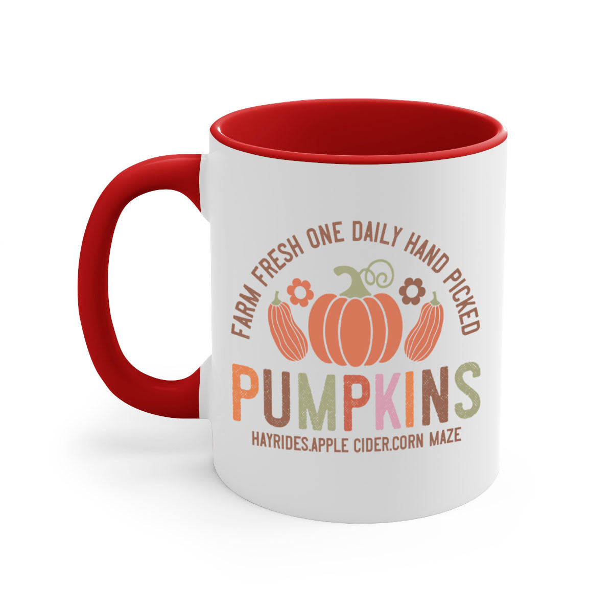 Farm Fresh One Daily Hand Picked Pumpkins Mug with two-tone design and glossy finish, perfect for coffee and cider.
