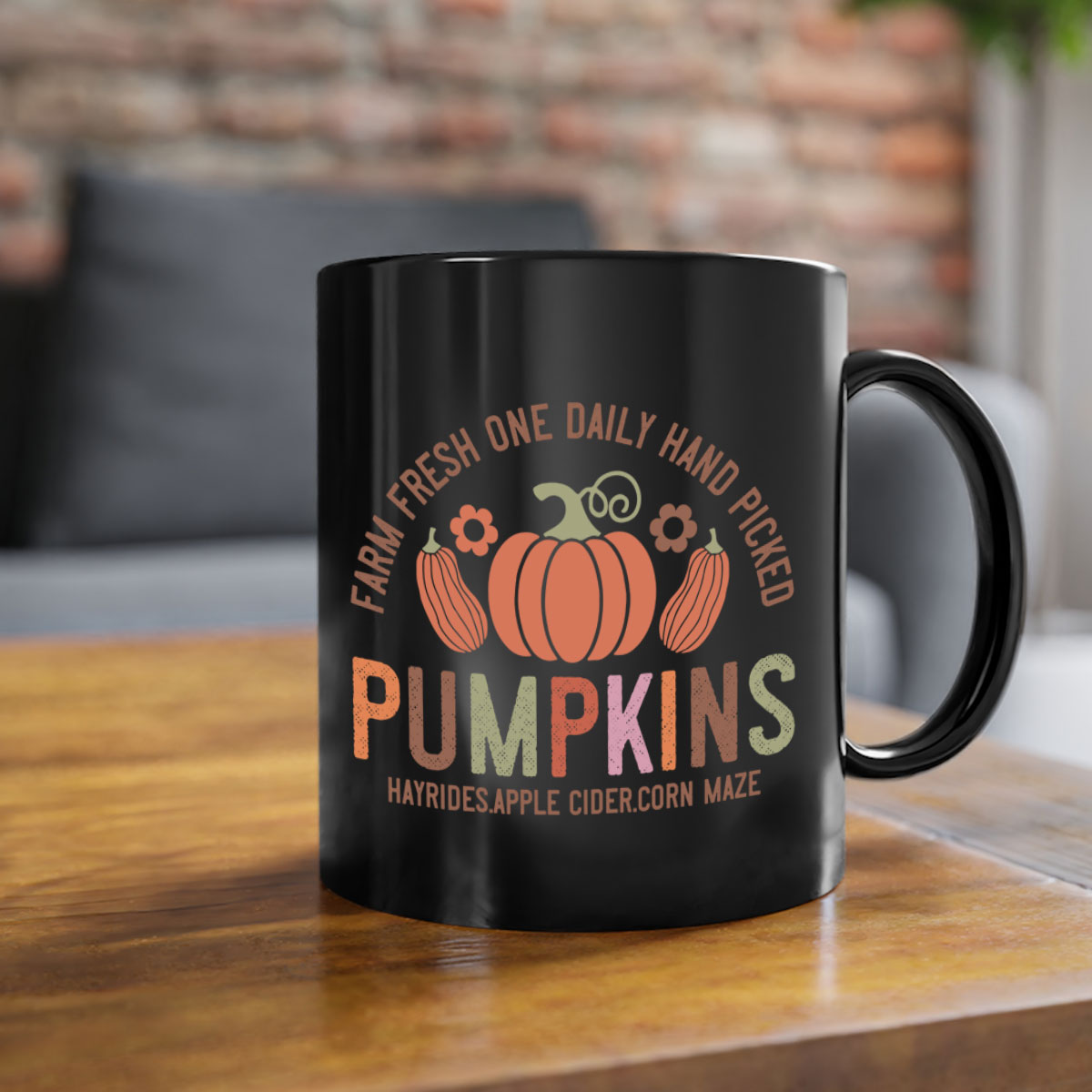 Farm Fresh One Daily Hand Picked Pumpkins Mug with two-tone design and glossy finish, perfect for coffee and cider.