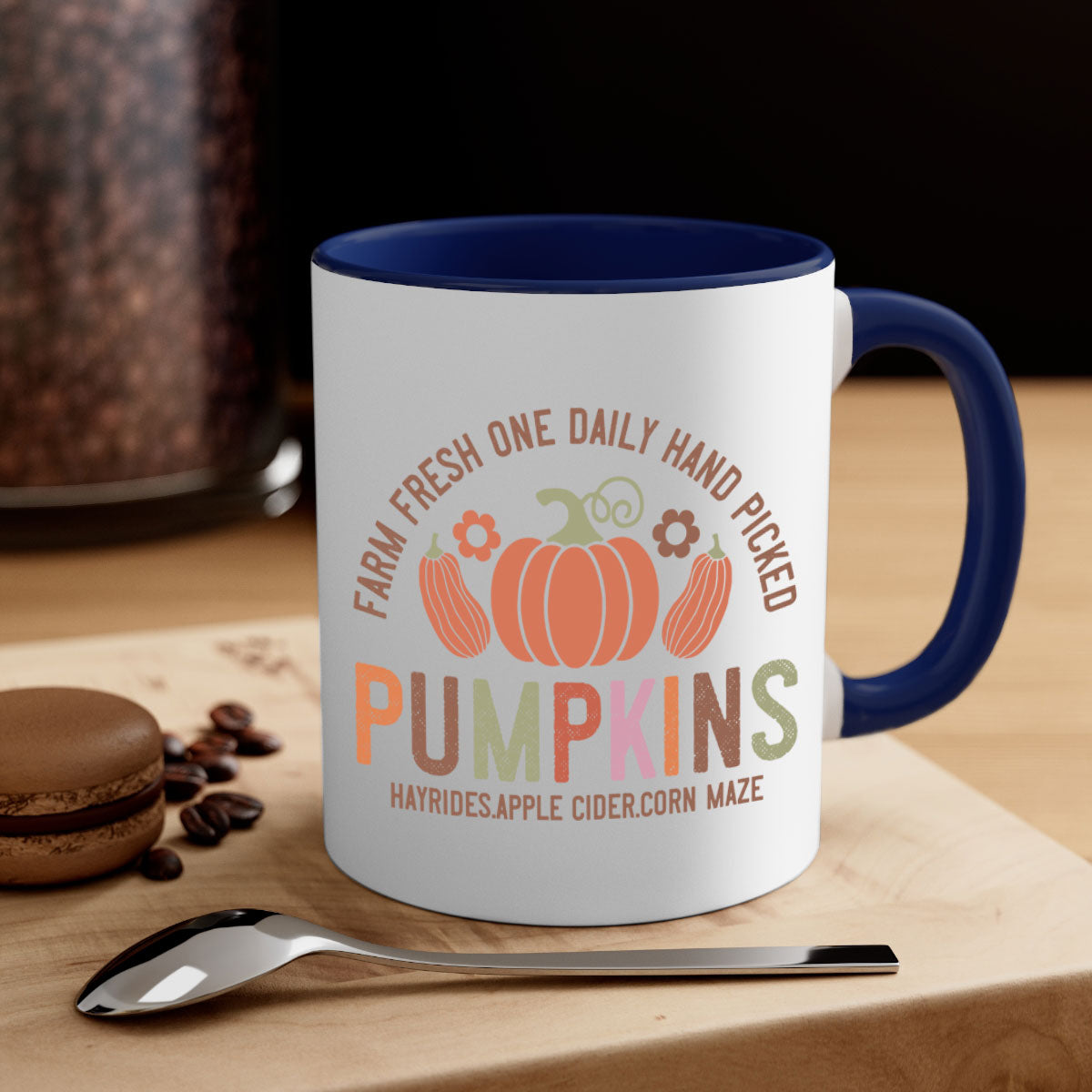 Farm Fresh One Daily Hand Picked Pumpkins Mug with two-tone design and glossy finish, perfect for coffee and cider.