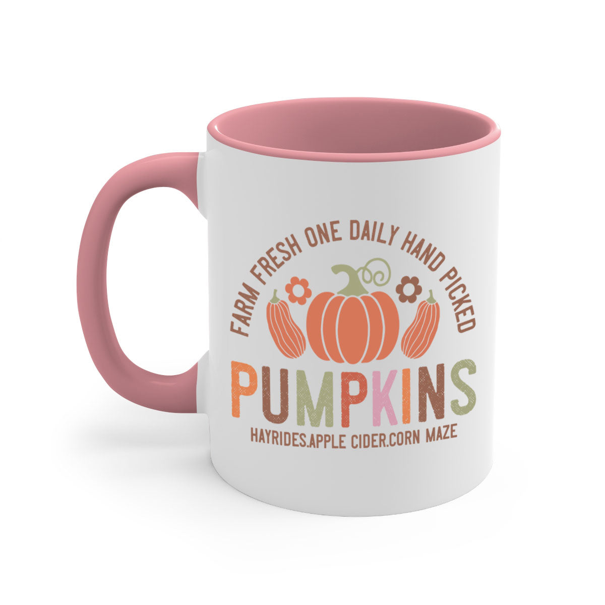 Farm Fresh One Daily Hand Picked Pumpkins Mug with two-tone design and glossy finish, perfect for coffee and cider.