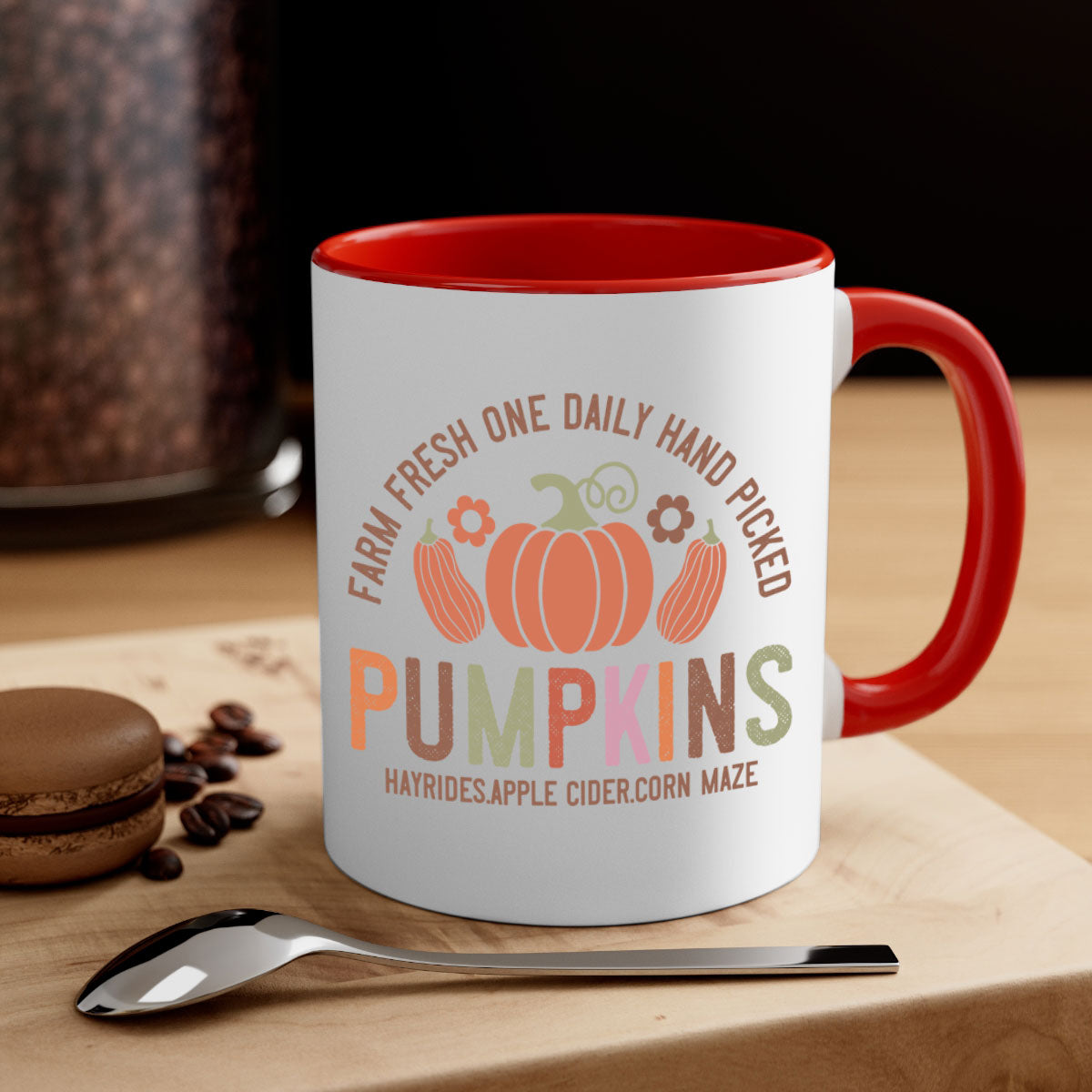 Farm Fresh One Daily Hand Picked Pumpkins Mug with two-tone design and glossy finish, perfect for coffee and cider.