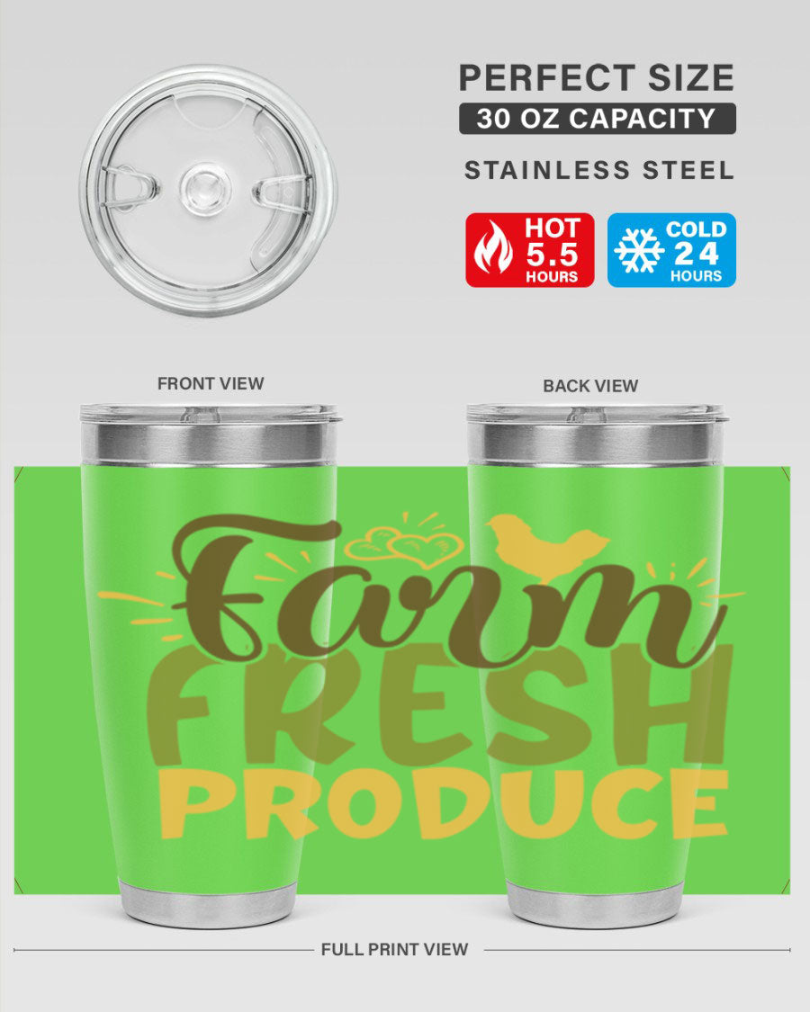 Farm fresh produce 15# Tumbler in stainless steel with a drink-thru lid, showcasing its sleek design and insulation features.