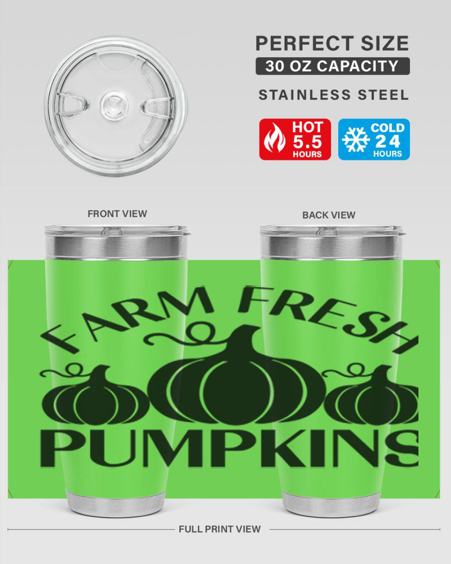Farm Fresh Pumpkins 20oz tumbler featuring a vibrant pumpkin design, double wall vacuum stainless steel construction, and a drink-thru lid.