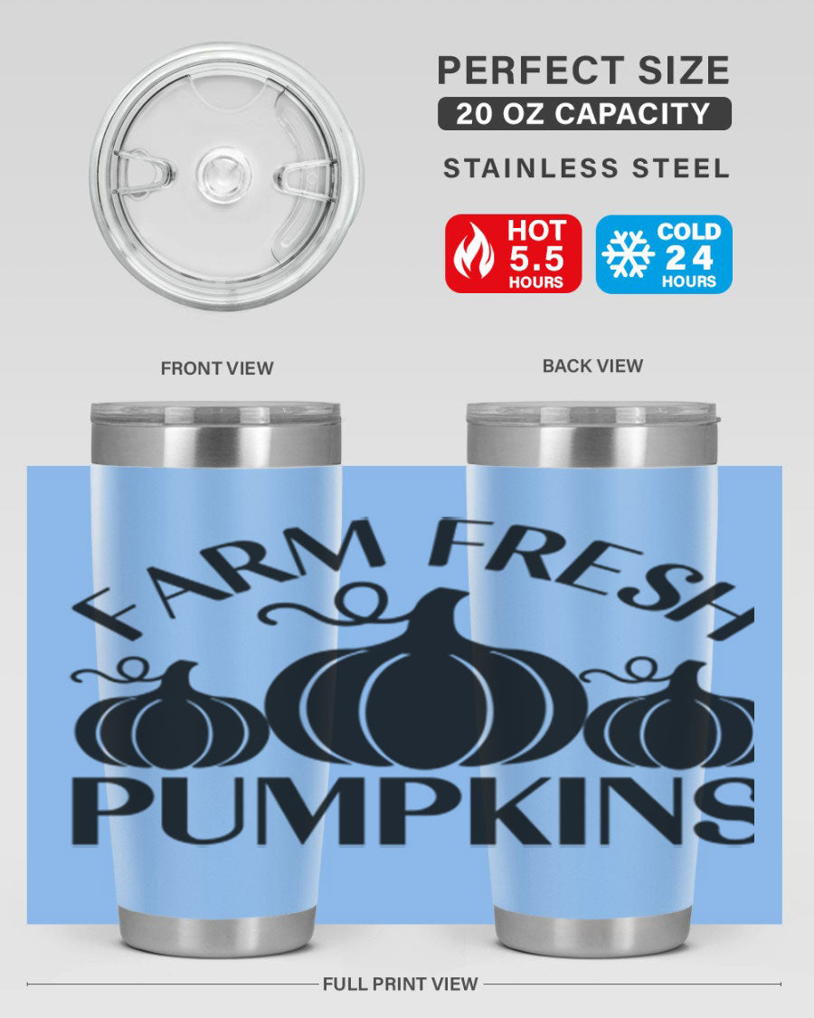 Farm Fresh Pumpkins 20oz tumbler featuring a vibrant pumpkin design, double wall vacuum stainless steel construction, and a drink-thru lid.
