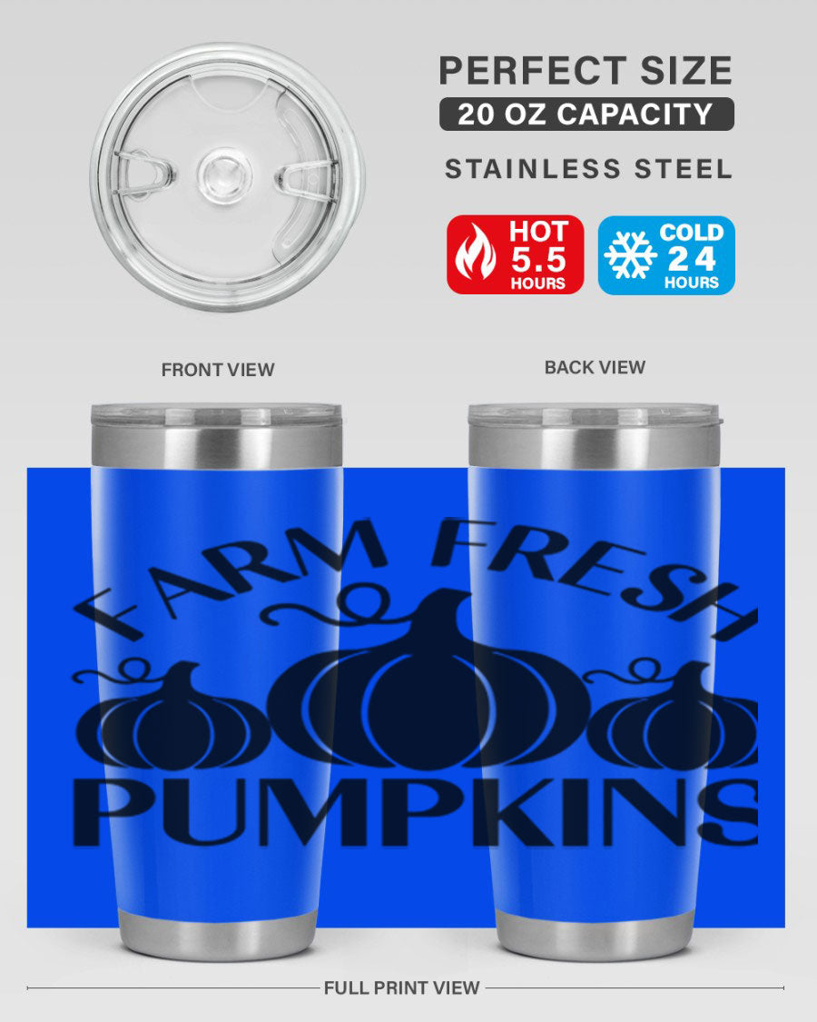 Farm Fresh Pumpkins 20oz tumbler featuring a vibrant pumpkin design, double wall vacuum stainless steel construction, and a drink-thru lid.