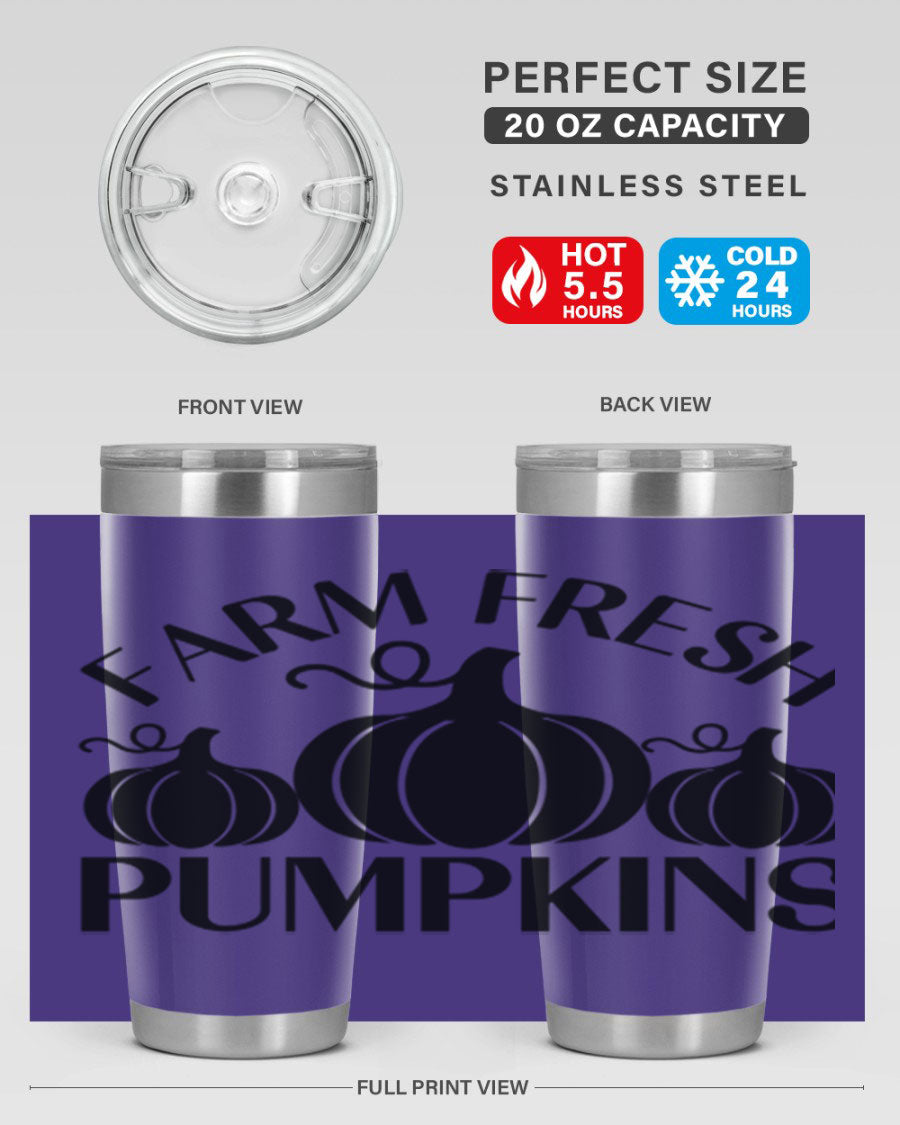 Farm Fresh Pumpkins 20oz tumbler featuring a vibrant pumpkin design, double wall vacuum stainless steel construction, and a drink-thru lid.
