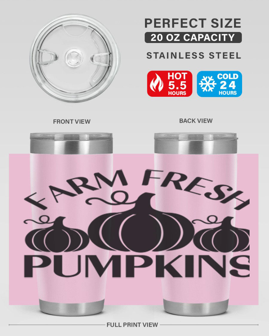 Farm Fresh Pumpkins 20oz tumbler featuring a vibrant pumpkin design, double wall vacuum stainless steel construction, and a drink-thru lid.