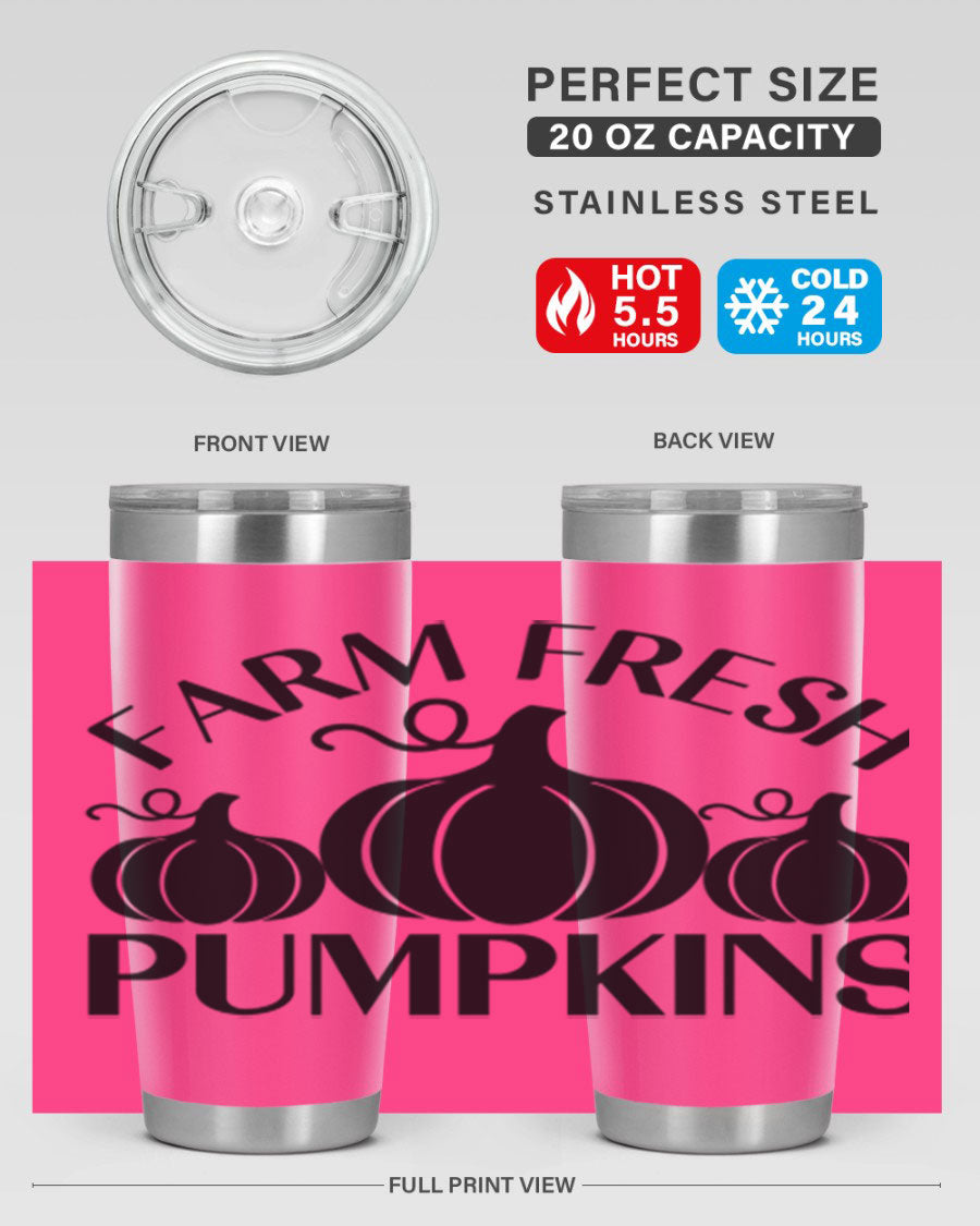 Farm Fresh Pumpkins 20oz tumbler featuring a vibrant pumpkin design, double wall vacuum stainless steel construction, and a drink-thru lid.