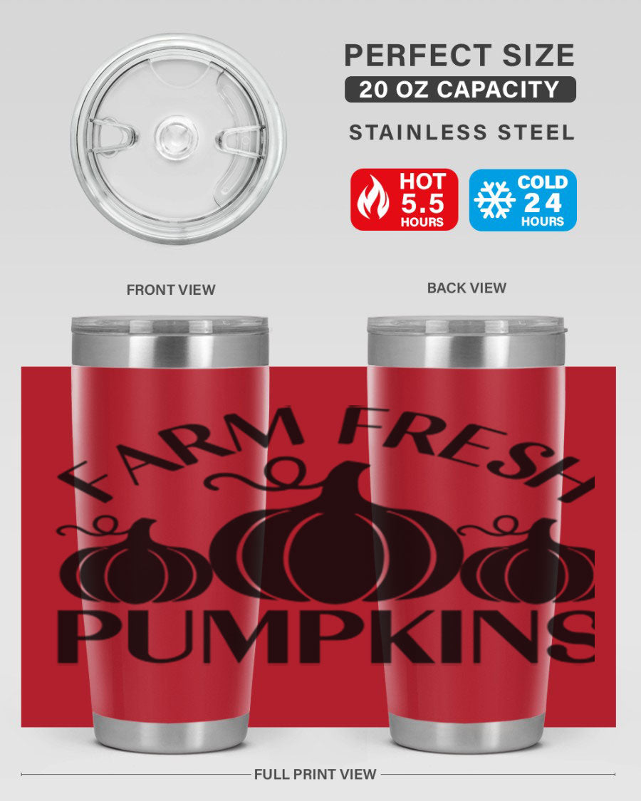 Farm Fresh Pumpkins 20oz tumbler featuring a vibrant pumpkin design, double wall vacuum stainless steel construction, and a drink-thru lid.