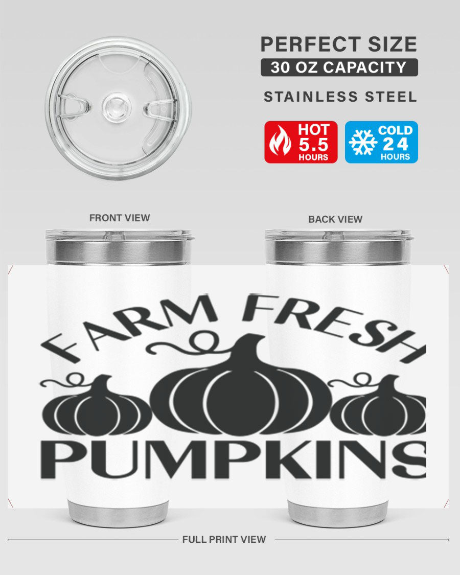 Farm Fresh Pumpkins 20oz tumbler featuring a vibrant pumpkin design, double wall vacuum stainless steel construction, and a drink-thru lid.